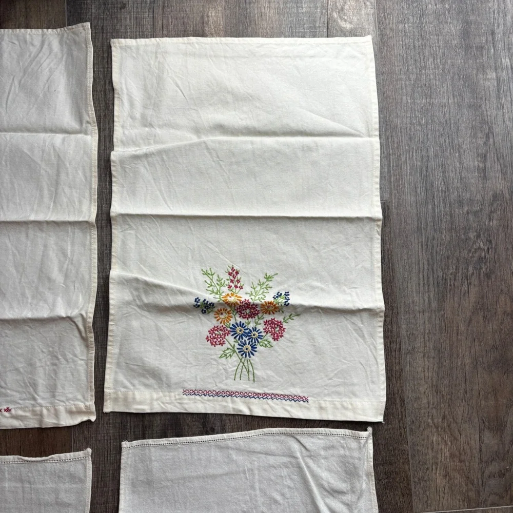Vintage Hand Embroidered Tea Towels Set of 4 Floral His and Hers White Cotton